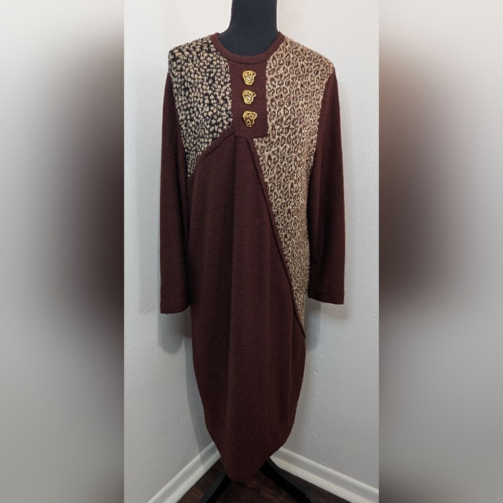 VTG Steve Fabrikant Wool Art to Wear Cheetah Animal Print Elevated Dress 16